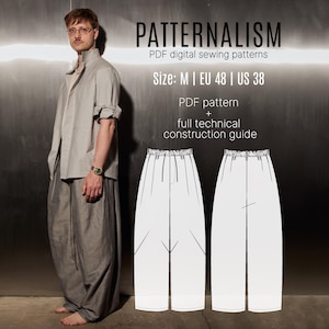 May include: A light grey shirt and loose-fitting grey trousers. Text reads: PATTERNALISM, PDF digital sewing patterns, Size: M | EU 48 | US 38, PDF pattern + full technical construction guide. Includes a white line drawing of the trousers.