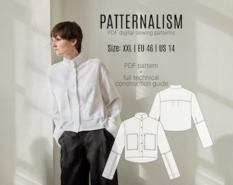 Cropped Shirt Sewing Pattern PDF | Women's Minimalist Button Front Blouse, Standing Collar, Instant Download