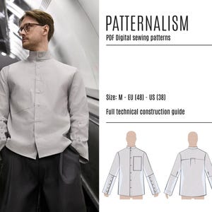 May include: A light grey shirt with a mandarin collar and button-down front is shown. The shirt is worn with dark grey trousers. The image includes the text "PATTERNALISM" and "PDF Digital sewing patterns". Size: M - EU (48) - US (38).