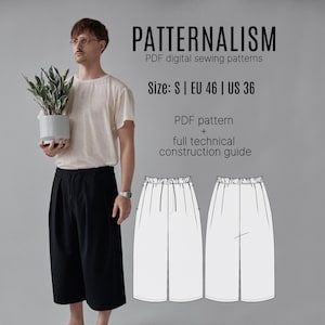 Puede incluir: Un patrón de costura digital en PDF titulado PATTERNALISM para pantalones culotte negros en talla S, EU 46, US 36. El anuncio incluye una guía de construcción técnica completa y una ilustración lineal de la vista frontal y trasera.