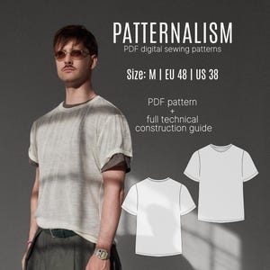May include: A digital sewing pattern for a t-shirt labeled PATTERNALISM, featuring a size M, EU 48, US 38 specification. The image displays a technical construction guide and a line drawing of the front and back of a short-sleeved t-shirt.