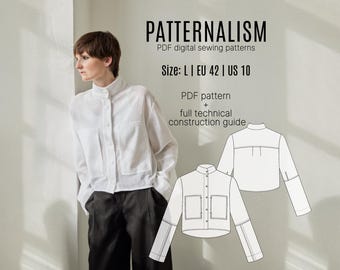 Cropped Shirt Sewing Pattern PDF | Women's Minimalist Button Front Blouse, Standing Collar, Instant Download