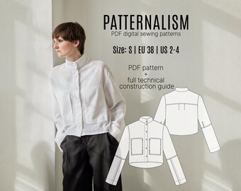 Cropped Shirt Sewing Pattern PDF | Women's Minimalist Button Front Blouse, Standing Collar, Instant Download