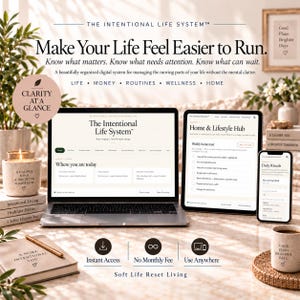May include: A digital organization system displayed on a laptop, tablet, and smartphone. The screens show The Intentional Life System interface with text headers, checklists, and navigation menus. The setup includes a notebook and two mugs.