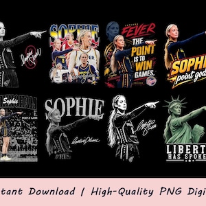 May include: A collection of eight digital graphic designs featuring basketball player Sophie Cunningham in various poses, including pointing gestures, team uniforms, and text elements like "Sophie," "Point God," "Indiana Fever," and "Liberty Has Spoken."