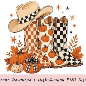 Könnte beinhalten: Eine digitale Illustration mit einem beigen Cowboyhut mit schwarz-weiß kariertem Band, drei Cowboystiefeln mit orangefarbenen Karos, Kürbismustern und schwarzen Karos, orangefarbenen Kürbissen sowie Herbstblättern mit Sternakzenten.