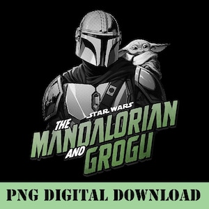 Op de afbeelding: Zwart-wit afbeelding van The Mandalorian en Grogu uit Star Wars. De Mandalorian draagt een harnas en houdt Grogu vast. De tekst "The Mandalorian and Grogu" is groen. Daaronder staat "PNG DIGITAL DOWNLOAD".