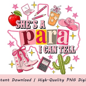 Op de afbeelding: Een digitale afbeelding met de tekst 'SHE'S A para I CAN TELL' omringd door illustraties van een rode appel, laptop, potloden, ijskoffie, een roze cowboyhoed, roze laarzen met strikken, een notitieboek, een cactus en sterren.