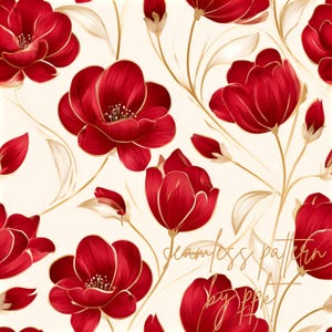 Seamless floral pattern features large red  flowers an off white background.(Digital Download.)