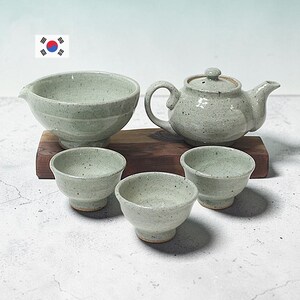Koreansk Onggi teservis för 3, naturlig glasyr, ringhandtag | YEJO
