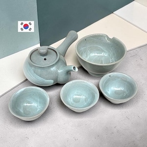 Servizio da tè coreano in celadon per 3 persone, smalto spazzolato, 5 pezzi / YEJO