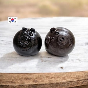 May include: Two ceramic pig figurines. One is glossy black, the other is a dark brown. Both have round bodies with detailed snouts, eyes, and ears. They are displayed on a light wood surface, suggesting a decorative or collectible item.