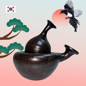 May include: A dark brown ceramic vessel with a curved spout and a smaller, bulbous top. The image includes a stylized magpie in flight and a Korean flag, set against a gradient background of pink and white.