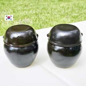 Puede incluir: Dos jarras de cerámica marrón oscuro con tapas. Las jarras tienen una forma redondeada con una base ligeramente ensanchada y pequeñas asas en los lados. Las tapas se colocan encima, creando un sello hermético. Las jarras están sobre un fondo verde.