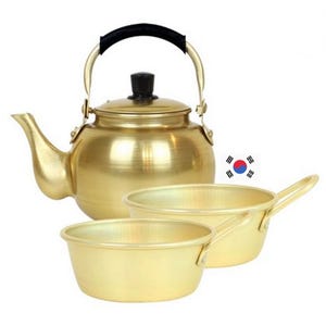 Juego de tetera y taza coreanas retro de aluminio dorado para makgeolli, olla para vino de arroz.