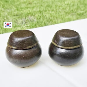 Puede incluir: Dos tarros de cerámica marrón oscuro con tapas a juego. Los tarros tienen una base redondeada y una tapa ligeramente abovedada. Los tarros están sobre una superficie blanca con un fondo de hierba verde. Los tarros parecen hechos a mano.