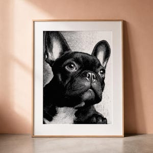 Op de afbeelding: Zwart-wit ingelijste prent van een Franse Bulldog. De afbeelding toont een gedetailleerde illustratie in vintage stijl van het gezicht van de hond. De lijst is licht van kleur, de prent staat tegen een neutrale achtergrond.