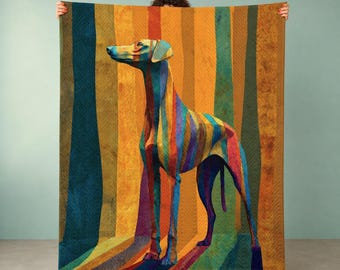Coperta trapuntata colorata con motivo levriero – Coperta moderna per cani – Trapunta con arte astratta per animali domestici – Design con cane Whippet – Decorazione audace per la casa