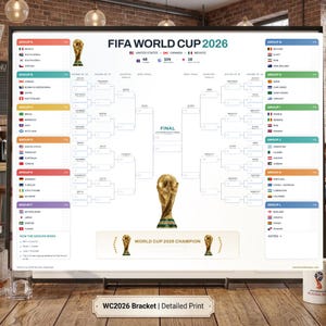 Può includere: Un poster con il tabellone del torneo FIFA World Cup 2026, caratterizzato da un trofeo centrale, elenchi della fase a gironi con bandiere nazionali e un diagramma della fase a eliminazione diretta. La lavagna bianca mostra i paesi ospitanti.