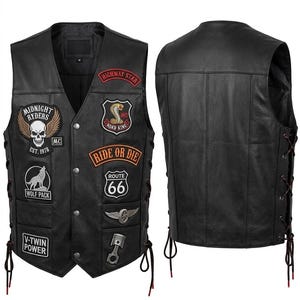 May include: Black leather vest with multiple embroidered patches, including "Midnight Ryders," "Highway Star," and "Route 66." The vest features a lace-up side design and a classic biker aesthetic. The vest is shown from the front and back.