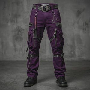 Purple Gothic Cargo Pants | Cyberpunk Buckle Strap Rave Trousers