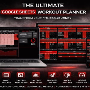 Könnte beinhalten: Ein digitaler Trainingsplaner, der auf einem Laptop, Tablet und Smartphone angezeigt wird. Die Benutzeroberfläche verfügt über ein rot-schwarzes Farbschema mit Abschnitten für die Gewohnheitsverfolgung, Essenspläne und Fortschrittsverfolgung.