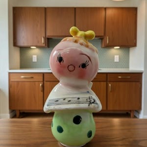 May include: A vintage ceramic figurine in the shape of a mushroom with a face. The figurine has a pink head with black eyelashes and a yellow bow. The mushroom cap is white with musical notes, and the base is green with dark green polka dots.
