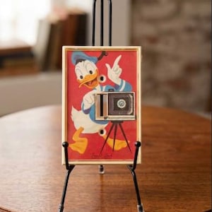 May include: A rectangular light switch plate featuring a graphic of Donald Duck holding a vintage camera on a red background. The plate has a cream-colored border and two screw holes. It is displayed on a black metal stand.