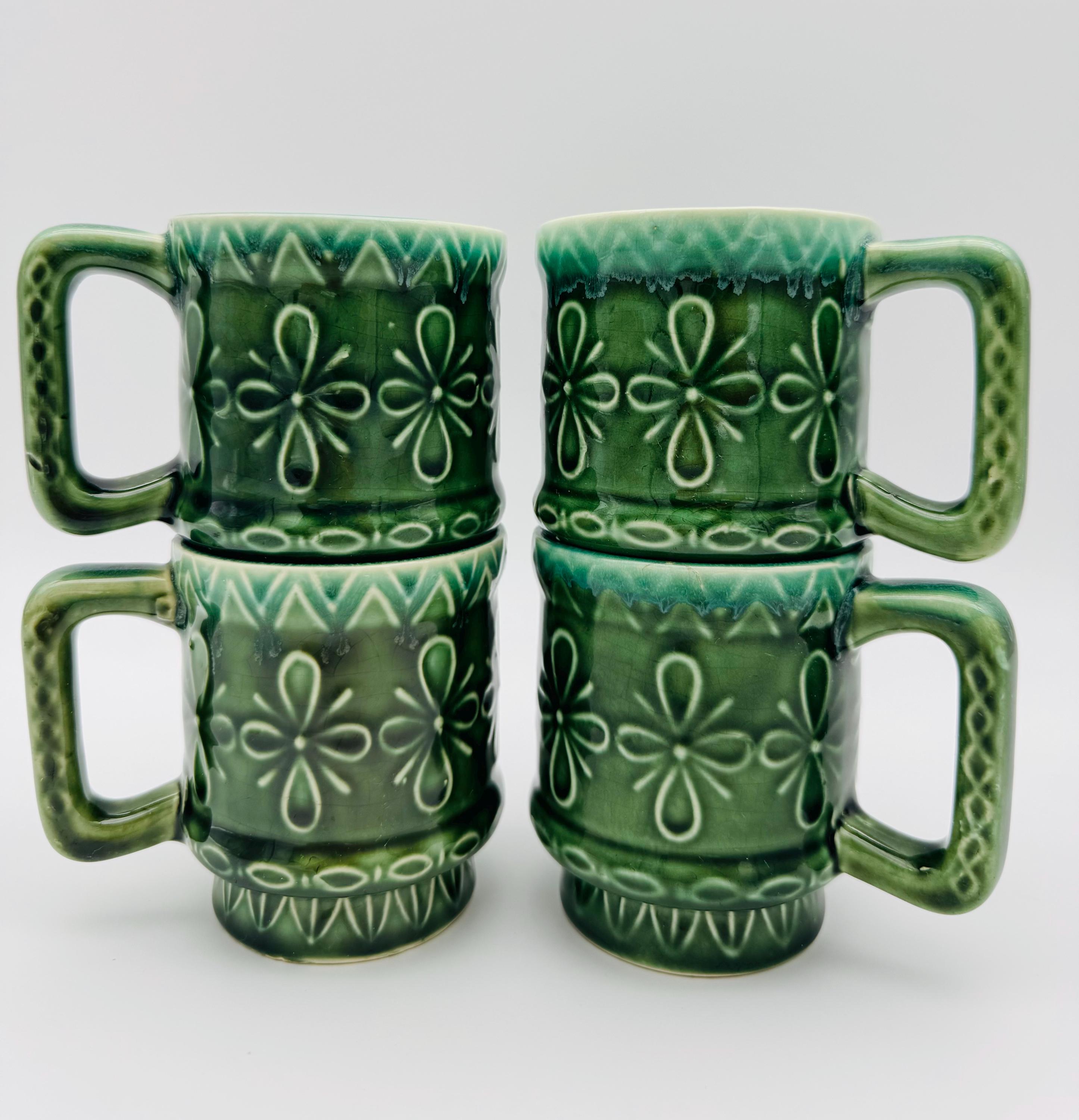 Vintage 1970s Green Floral Drip Glaze Boho Mug Set – Stackable, Made in Japan (Set of 4)