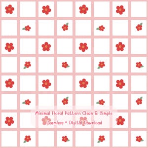 May include: A seamless digital download featuring a minimal floral pattern. The design showcases a grid of white squares with a soft pink background. Red flowers and green leaves are scattered throughout the pattern. The text reads: Minimal Floral Pattern Clean & Simple.