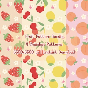 Puede incluir: Cuatro patrones de frutas sin costuras con fresas, cerezas, limones y melocotones. Los patrones tienen una paleta de colores suaves. El texto dice: "Fruit Pattern Bundle, 4 Seamless Patterns, 3600x3600 px | Instant Download."