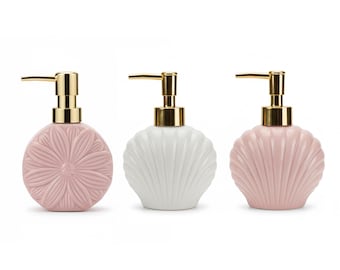 Dispensador de jabón de cerámica, flor rosa, concha blanca, bomba dorada, decoración para el baño