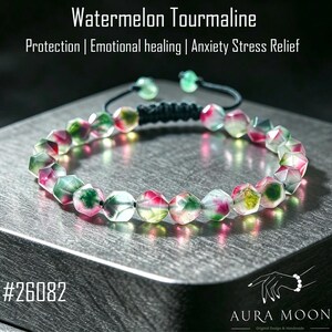 Watermelon Tourmaline Macrame Bracelet – Faceted Natural Crystal Healing (Gift Wrap)