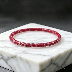 Red Howlite Heishi Bead Bracelet, 4mm Vibrant Boho Stackable Jewelry (Gift Box)