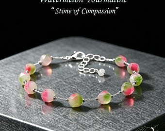 Pulsera de turmalina sandía, piedra natural facetada de 8 mm, cadena plateada ajustable, joyería de cristal curativo.