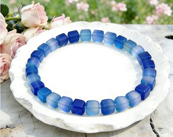 Blue Agate Cube Bracelet, Natural Chalcedony Gemstone, Boho Stacking Jewelry