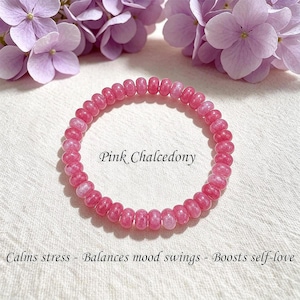 Rosa Kalcedon Rondelle Armband, Hjärtchakra Lugnande Kristallsmycken, Självkärlek (Presentask Inkluderar)