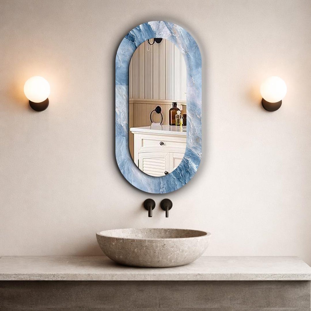 Ocean Blue Marble Oval Mirror, Light Blue Luxury Wall Mirror, Coastal ...