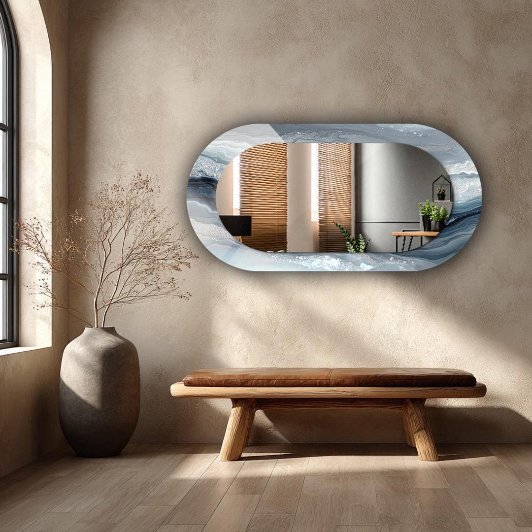 Blue Marble Oval Wall Mirror, Luxury Bathroom Mirror, Modern Vanity ...