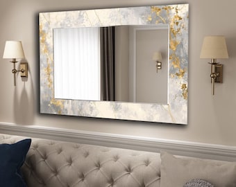 Espejo de pared de mármol dorado, espejo decorativo gris de lujo, espejo de tocador moderno en tonos neutros, elegante decoración de pared contemporánea.