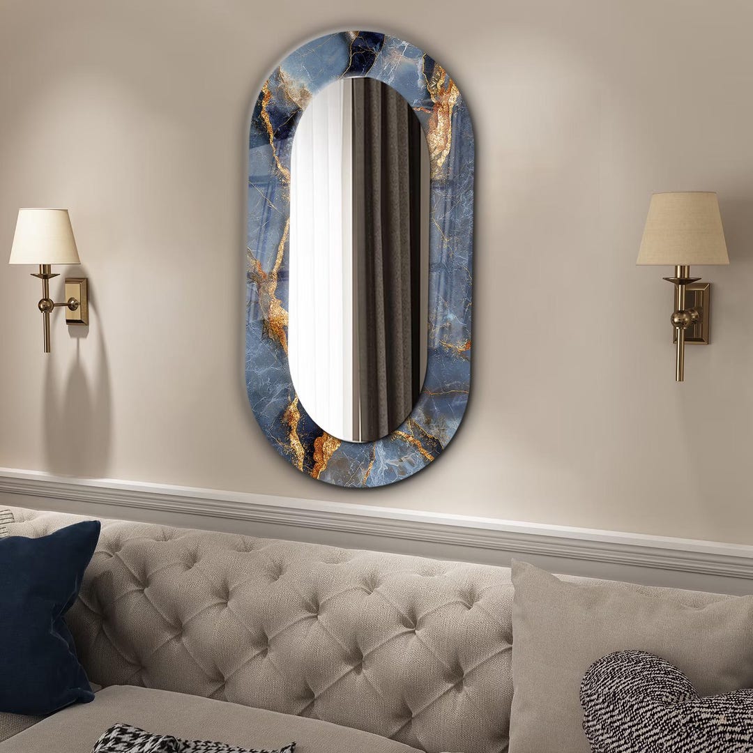 Blue Marble Oval Wall Mirror, Gold Vein Decorative Mirror, Luxury ...