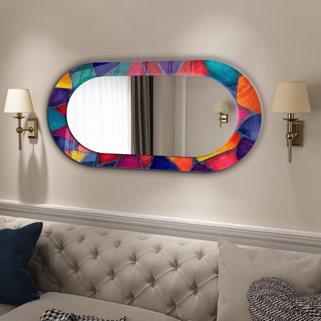 Colorful Stained Glass Oval Wall Mirror, Artistic Mosaic Decorative ...