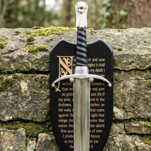 Könnte beinhalten: Ein dekoratives Schwert mit silberner Klinge und schwarzem Griff. Der Knauf hat ein Löwenkopf-Design. Ein schwarzes Schild mit Text befindet sich hinter dem Schwert. Das Schwert wird vor einer Steinmauer ausgestellt.