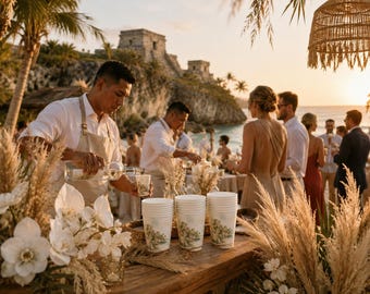Copos de casamento Tulum, copos de papel personalizados estilo boho para praia (295 ml), lembrancinhas inspiradas em ruínas maias.
