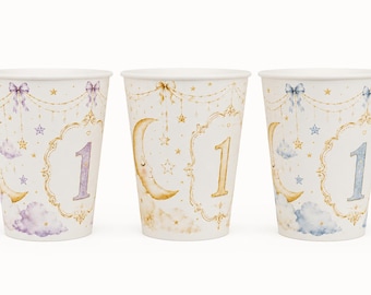 Lavender Moon & Stars 1st Birthday Paper Cups | Celestial Party Decorations (10 oz)