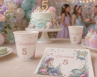Personalized Mermaid Birthday Cups, Under the Sea Party Drinkware, Custom Name Age