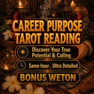 May include: An advertisement for a career purpose tarot reading. The text is in gold and black, with the words "Career Purpose Tarot Reading" prominently displayed. Additional text includes "Discover Your True Potential & Calling" and "Same hour. Ultra Detailed."