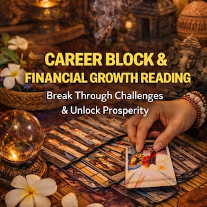 Puede incluir: Imagen que promociona una lectura de carrera y crecimiento financiero. La escena incluye cartas del tarot, una bola de cristal, velas y el texto "CAREER BLOCK & FINANCIAL GROWTH READING". La imagen también incluye el texto "Break Through Challenges & Unlock Prosperity" y "SAME HOUR".