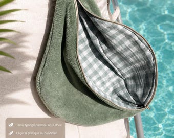 Pochete XL de bambu em tecido atoalhado – Pochete feminina feita à mão – Bolsa moderna para praia ou piscina – Pochete macia e leve – Verde / Rosa / Marrom