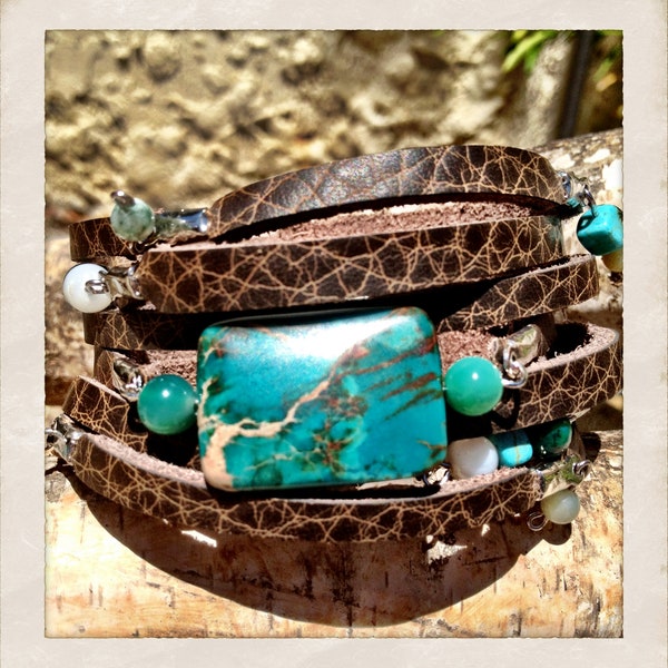 Brown leather cuff bracelet with Turquoise beads, women's beaded cuff bracelet, turquoise beads on a leather cuff by torn to pieces